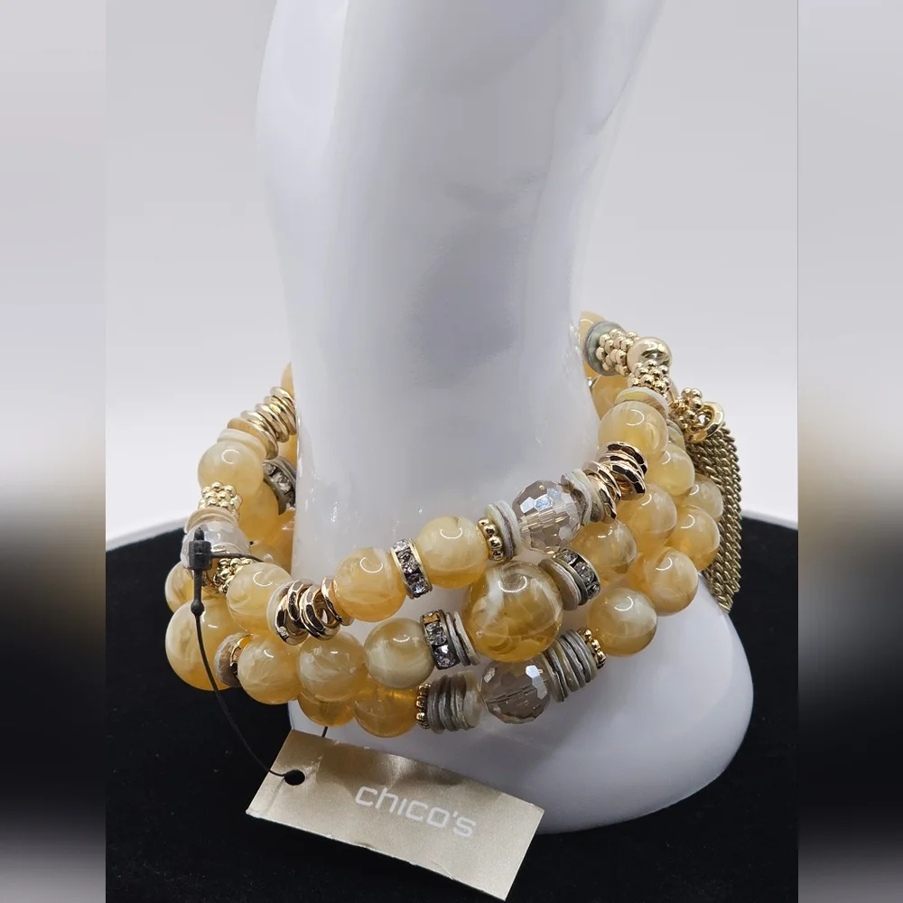 CHICO'S Vinia Tan and Gold Beaded Stretch‎ Bracelet Set